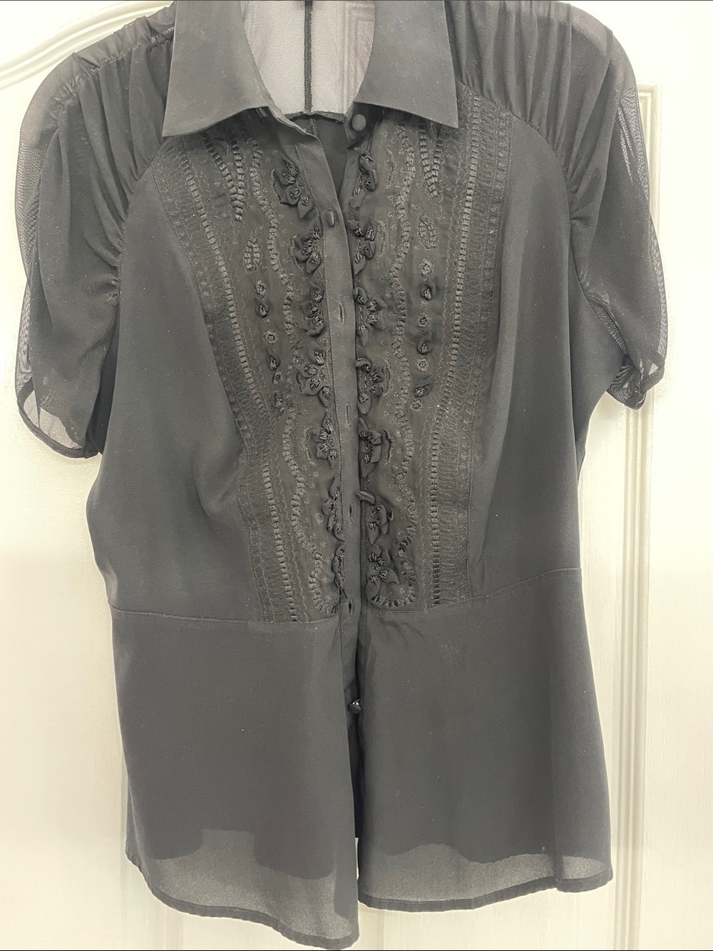 bebe Black Sheer Ruffle-Trim Button Blouse